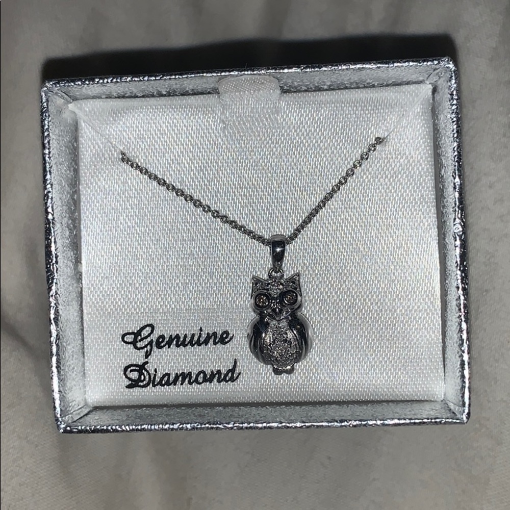 White Diamond Sterling Silver Owl Necklace